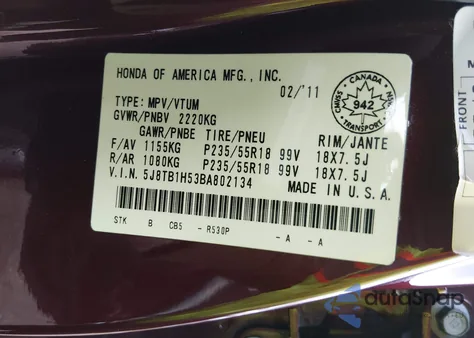 2011 Acura Rdx z USA, uszkodzony, nr VIN 5J8TB1H53BA802134